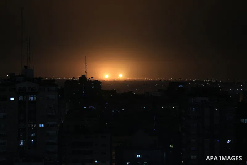 Flames rise from the area after Israeli warplanes launched airstrikes on the central part of the Gaza Strip, on April 07, 2023 in Gaza City. Photo by Bashar Taleb\ apaimages