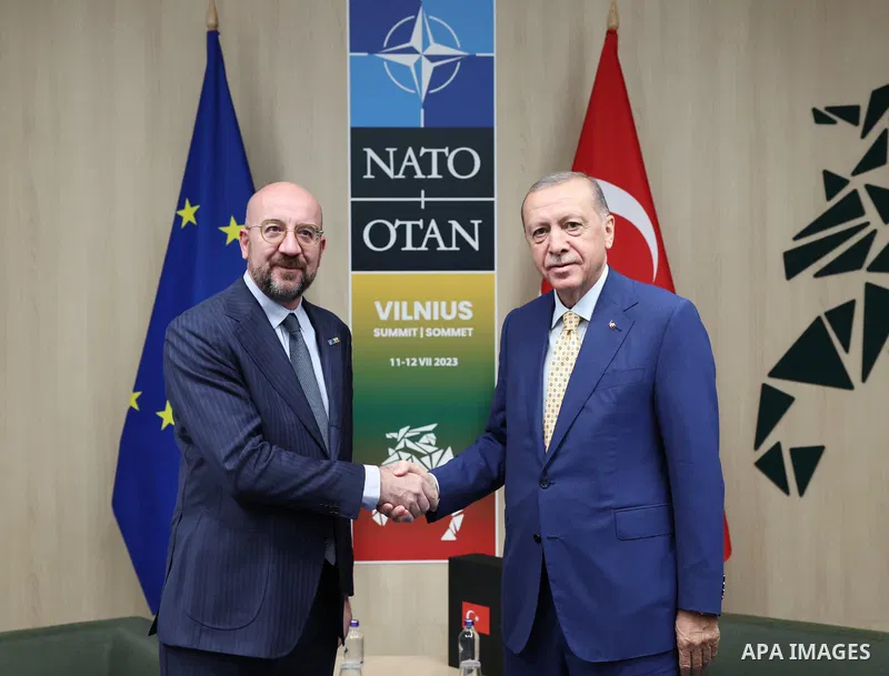 Turkish President Recep Tayyip Erdogan meets European Council President Charles Michel, on the sidelines of the Summit of NATO Leaders and Heads of Government in the Lithuanian capital, Vilnius on July 10, 2023. Photo by...