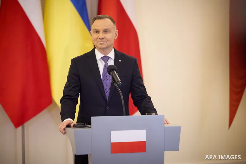 Poland's President Andrzej Duda, Ukrainian President Volodymyr Zelensky during an official welcoming ceremony in front of the Presidential Palace in Warsaw, Poland, on April 5, 2023. Photo by PRESIDENT OF UKRAINE\ apaima...