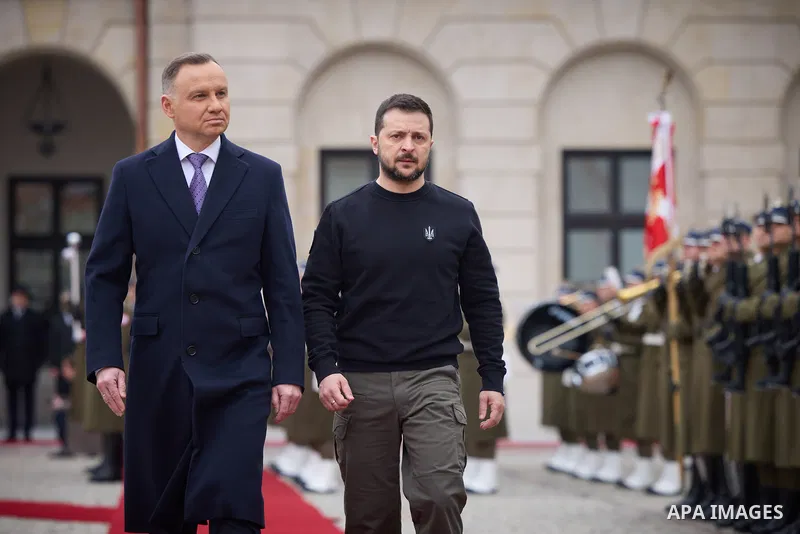 Poland's President Andrzej Duda, Ukrainian President Volodymyr Zelensky during an official welcoming ceremony in front of the Presidential Palace in Warsaw, Poland, on April 5, 2023. Photo by PRESIDENT OF UKRAINE\ apaima...