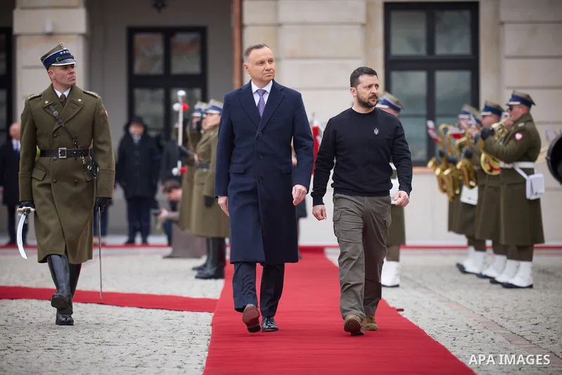 Poland's President Andrzej Duda, Ukrainian President Volodymyr Zelensky during an official welcoming ceremony in front of the Presidential Palace in Warsaw, Poland, on April 5, 2023. Photo by PRESIDENT OF UKRAINE\ apaima...