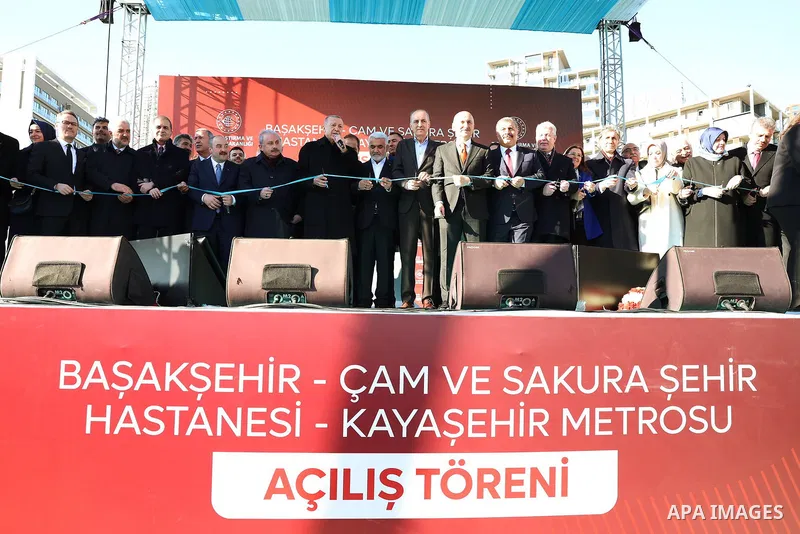 Turkish President Recep Tayyip Erdogan makes a speech during the opening ceremony of Basaksehir - Cam and Sakura City Hospital and Kayasehir metro line in Istanbul, Turkiye on April 08, 2023. Photo by Turkish presidency...