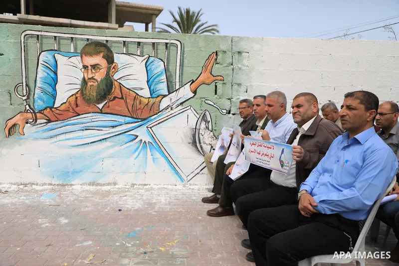 Palestinians participate in the press conference to launch the activities of the Palestinian Prisoner's Day in front of Red cross office in Gaza City, on April 9, 2023. The Palestinian Prisoner Club (PPS) said today that...
