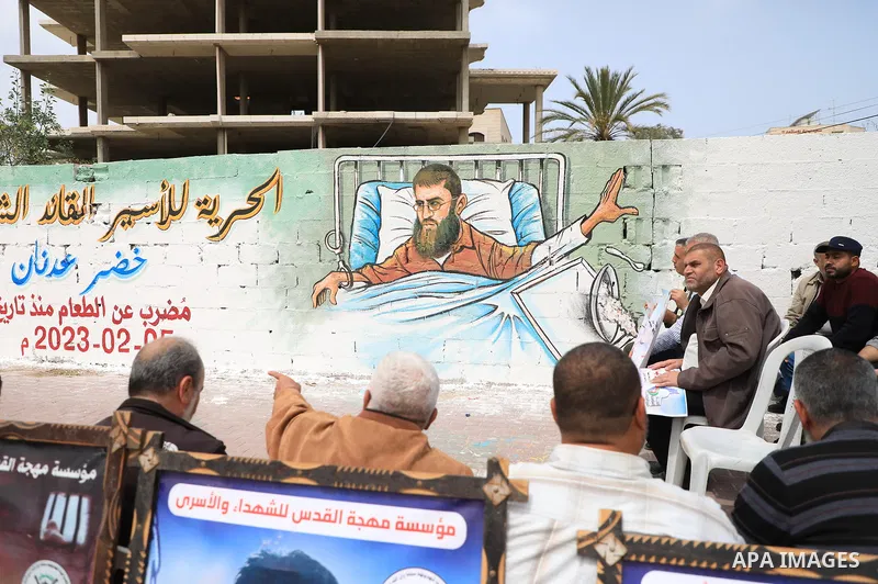 Palestinians participate in the press conference to launch the activities of the Palestinian Prisoner's Day in front of Red cross office in Gaza City, on April 9, 2023. The Palestinian Prisoner Club (PPS) said today that...