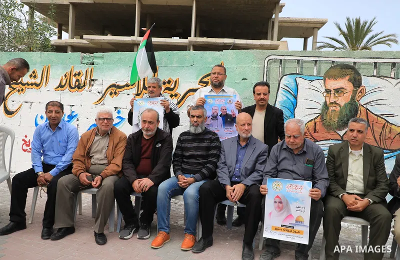 Palestinians participate in the press conference to launch the activities of the Palestinian Prisoner's Day in front of Red cross office in Gaza City, on April 9, 2023. The Palestinian Prisoner Club (PPS) said today that...