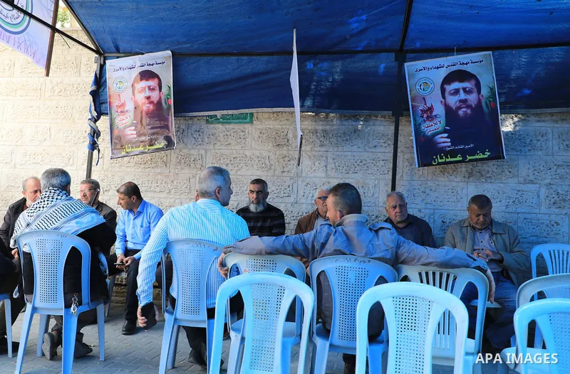 Palestinians participate in the press conference to launch the activities of the Palestinian Prisoner's Day in front of Red cross office in Gaza City, on April 9, 2023. The Palestinian Prisoner Club (PPS) said today that...