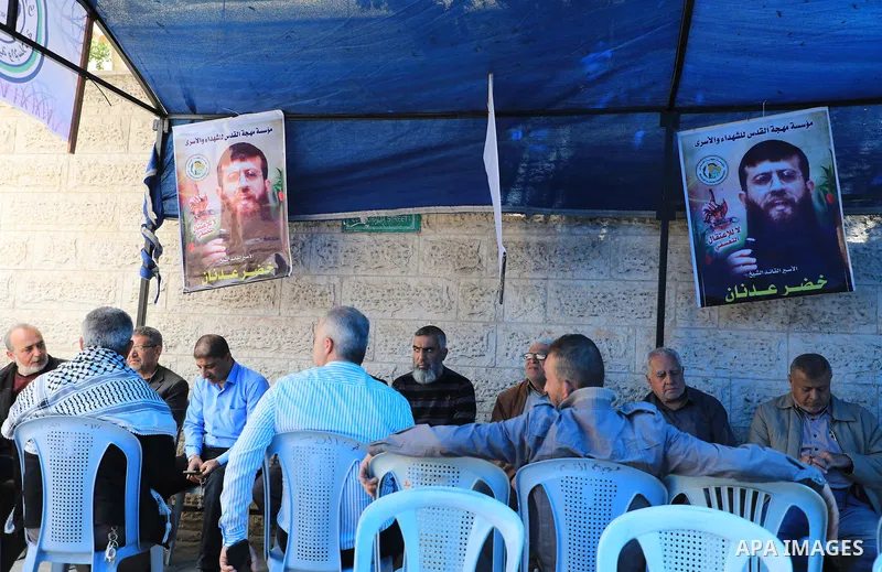Palestinians participate in the press conference to launch the activities of the Palestinian Prisoner's Day in front of Red cross office in Gaza City, on April 9, 2023. The Palestinian Prisoner Club (PPS) said today that...