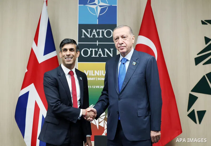 Turkish President Recep Tayyip Erdogan meets British Prime Minister Rishi Sunak on the sidelines of the Summit of Heads of State and Government of NATO member states in Vilnius, Lithuania on July 11, 2023. Photo by Turki...