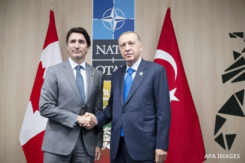 Turkish President Recep Tayyip Erdogan meets Canadian Prime Minister Justin Trudeau on the sidelines of the Summit of Heads of State and Government of NATO Member States in Vilnius, Lithuania on July 11, 2023. Photo by T...