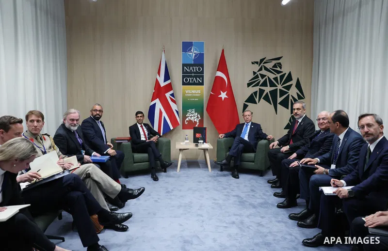 Turkish President Recep Tayyip Erdogan meets British Prime Minister Rishi Sunak on the sidelines of the Summit of Heads of State and Government of NATO member states in Vilnius, Lithuania on July 11, 2023. Photo by AK Pa...