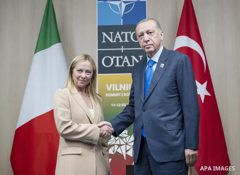 Turkish President Recep Tayyip Erdogan meets Italian Prime Minister Giorgia Meloni on the sidelines of the Summit of Heads of State and Government of NATO Member States in the Lithuanian capital, Vilnius on July 11, 2023...