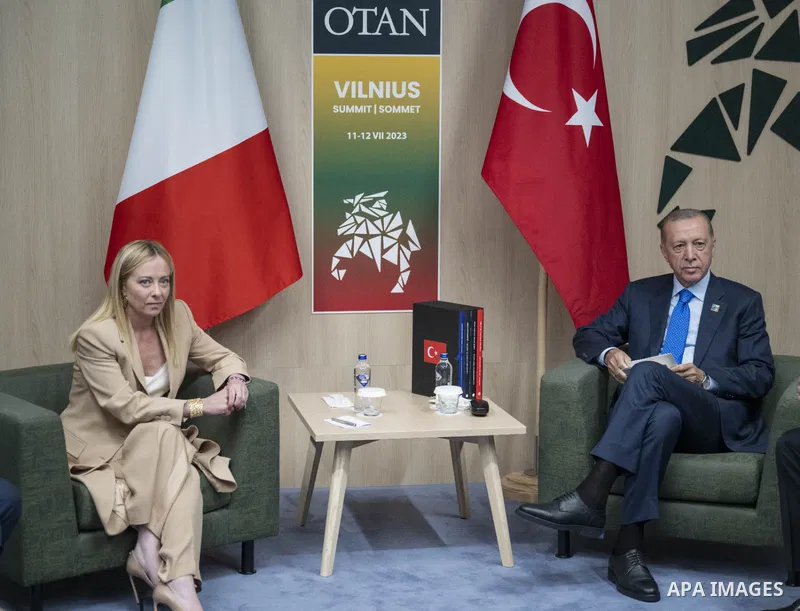 Turkish President Recep Tayyip Erdogan meets Italian Prime Minister Giorgia Meloni on the sidelines of the Summit of Heads of State and Government of NATO Member States in the Lithuanian capital, Vilnius on July 11, 2023...