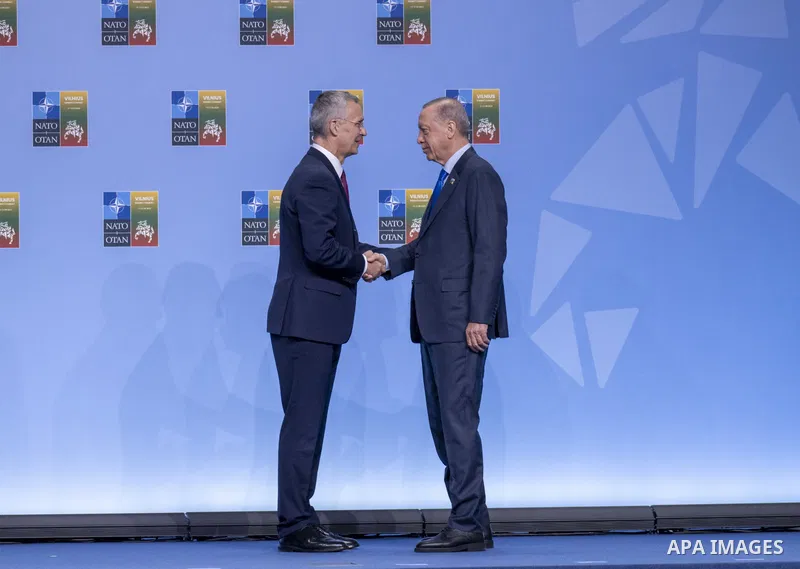 President Recep Tayyip Erdoğan was welcomed by President Gitanas Nausėda of Lithuania and NATO Secretary General Jens Stoltenberg prior to the summit in the Lithuanian capital, Vilnius on July 11, 2023. Photo by AK Party...