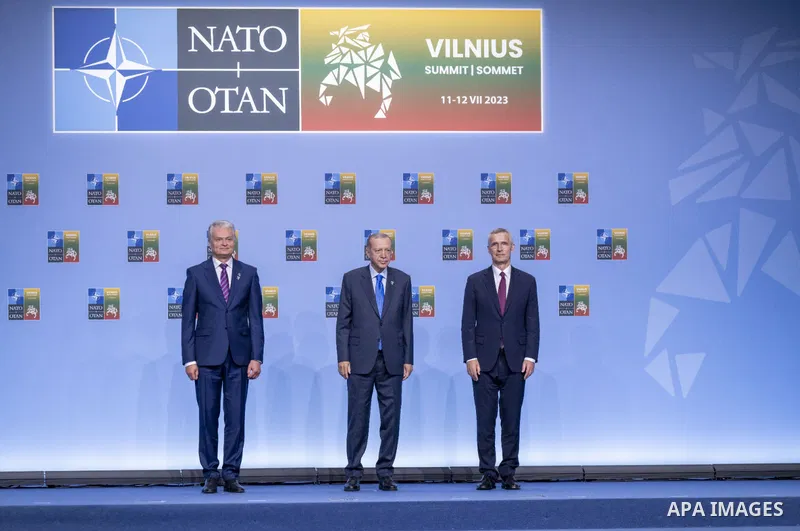 President Recep Tayyip Erdoğan was welcomed by President Gitanas Nausėda of Lithuania and NATO Secretary General Jens Stoltenberg prior to the summit in the Lithuanian capital, Vilnius on July 11, 2023. Photo by AK Party...