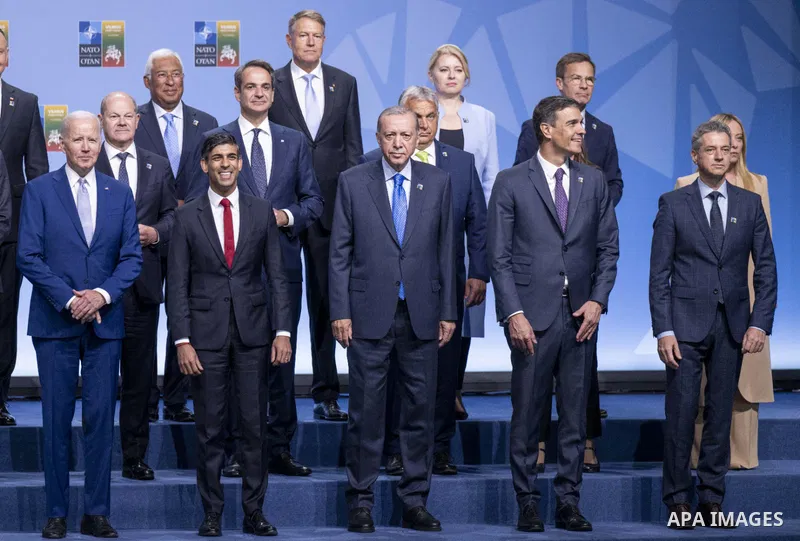 President Recep Tayyip Erdoğan poses for a photo with heads of state and governments of NATO countries before proceeding to the summit in the Lithuanian capital, Vilnius on July 11, 2023. Photo by AK Party Office \ apaim...
