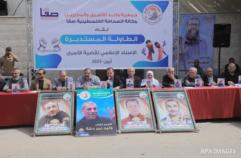 Palestinians take part take part in a protest to solidarity with prisoners held in Israeli jails, in front of Red cross office in Gaza city on April 10, 2023. More than 4,780 prisoners are currently incarcerated in Israe...