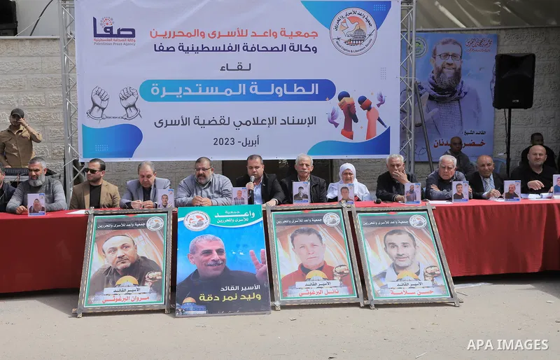 Palestinians take part take part in a protest to solidarity with prisoners held in Israeli jails, in front of Red cross office in Gaza city on April 10, 2023. More than 4,780 prisoners are currently incarcerated in Israe...