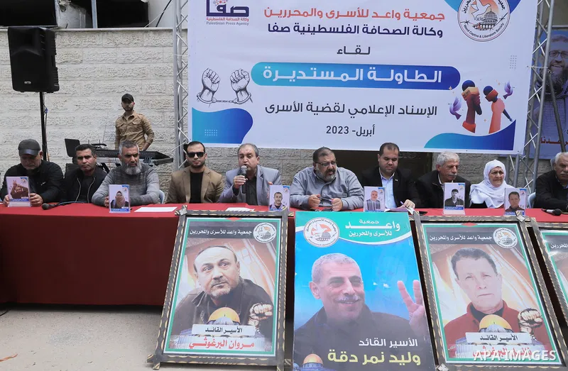 Palestinians take part take part in a protest to solidarity with prisoners held in Israeli jails, in front of Red cross office in Gaza city on April 10, 2023. More than 4,780 prisoners are currently incarcerated in Israe...