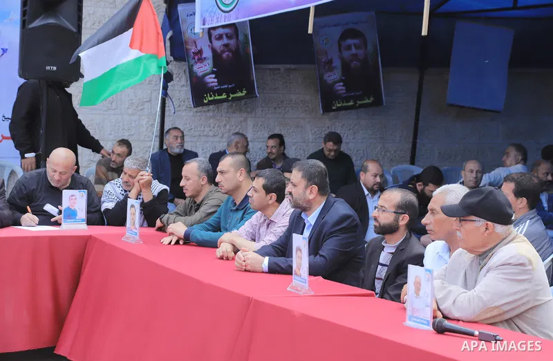Palestinians take part take part in a protest to solidarity with prisoners held in Israeli jails, in front of Red cross office in Gaza city on April 10, 2023. More than 4,780 prisoners are currently incarcerated in Israe...
