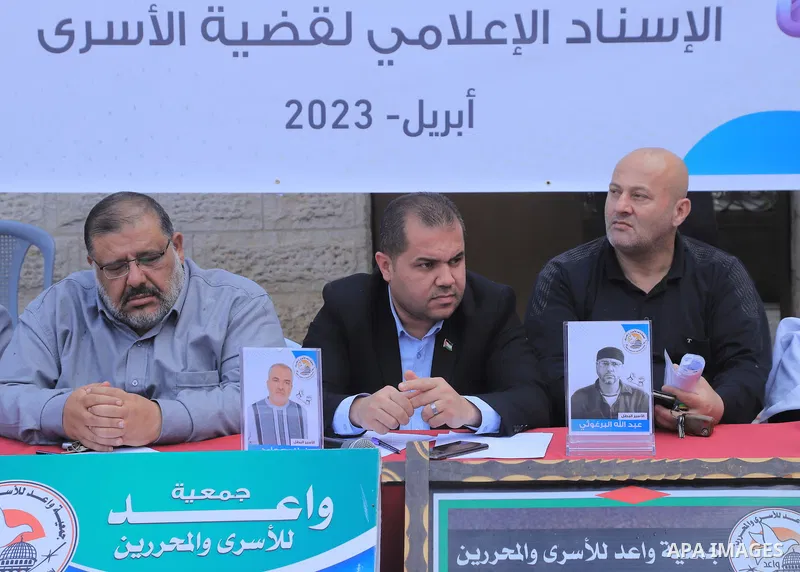 Palestinians take part take part in a protest to solidarity with prisoners held in Israeli jails, in front of Red cross office in Gaza city on April 10, 2023. More than 4,780 prisoners are currently incarcerated in Israe...
