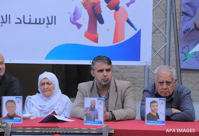 Palestinians take part take part in a protest to solidarity with prisoners held in Israeli jails, in front of Red cross office in Gaza city on April 10, 2023. More than 4,780 prisoners are currently incarcerated in Israe...
