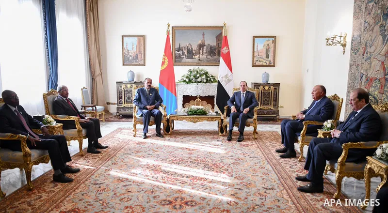 Egyptian President Abdel Fattah El-Sisi receives President Isaias Afwerki, President of the State of Eritrea, on the sidelines of the Summit of Sudan's Neighboring Countries in Cairo on July 13, 2023. Photo by Egyptian P...