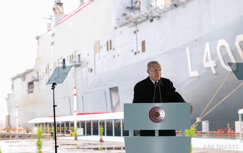 Turkish President Recep Tayyip Erdogan participates in the handing over TCG Anadolu ship and sheet metal cutting ceremony for the new Melgem Frigate on April 10, 2023. Photo by Turkish presidency \ apaimages