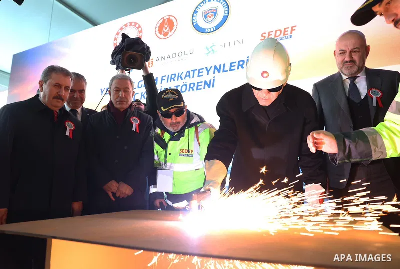 Turkish President Recep Tayyip Erdogan participates in the handing over TCG Anadolu ship and sheet metal cutting ceremony for the new Melgem Frigate on April 10, 2023. Photo by Turkish presidency \ apaimages