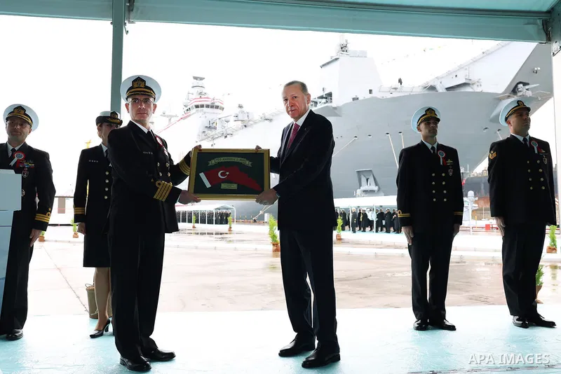 Turkish President Recep Tayyip Erdogan participates in the handing over TCG Anadolu ship and sheet metal cutting ceremony for the new Melgem Frigate on April 10, 2023. Photo by Turkish presidency \ apaimages