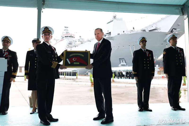 Turkish President Recep Tayyip Erdogan (2nd L) attends the TCG ANADOLU Ship Delivery Ceremony and New MÄ°LGEM Frigates Steel Cutting Ceremony at Sedef Shipyard in Tuzla district of Turkiye's Istanbul on April 10, 2023. P...