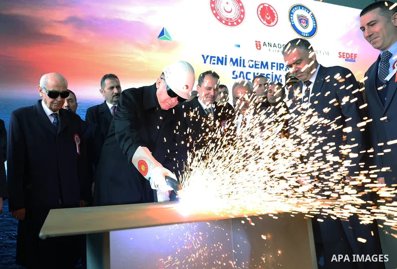 Turkish President Recep Tayyip Erdogan (2nd R) attends the TCG ANADOLU Ship Delivery Ceremony and New MÄ°LGEM Frigates Steel Cutting Ceremony at Sedef Shipyard in Tuzla district of Turkiye's Istanbul on April 10, 2023. P...