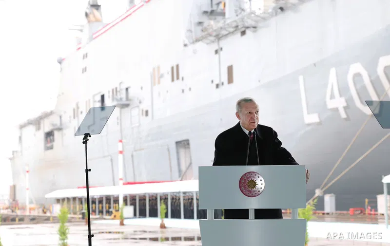 Turkish President Recep Tayyip Erdogan speaks at the TCG ANADOLU Ship Delivery Ceremony and New MÄ°LGEM Frigates Steel Cutting Ceremony at Sedef Shipyard in the Tuzla district of Turkiye's Istanbul on April 10, 2023. Pho...