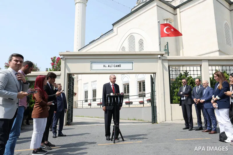 Turkish President Recep Tayyip Erdogan speaks to the media after performing Friday prayers at the Imam Ali Mosque in Istanbul on July 14, 2023. Photo by Turkish presidency \ apaimages