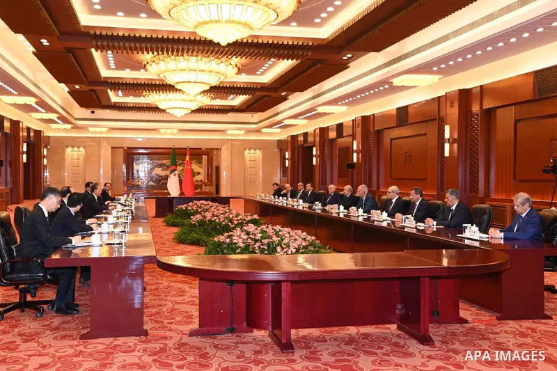 Algerian President Abdelmadjid Tebboune meets with Chairman of the Standing Committee of the Chinese National People's Congress Zhou Lijie in Beijing, China on July 19, 2023. Photo by Algerian Presidency Office/APAimages