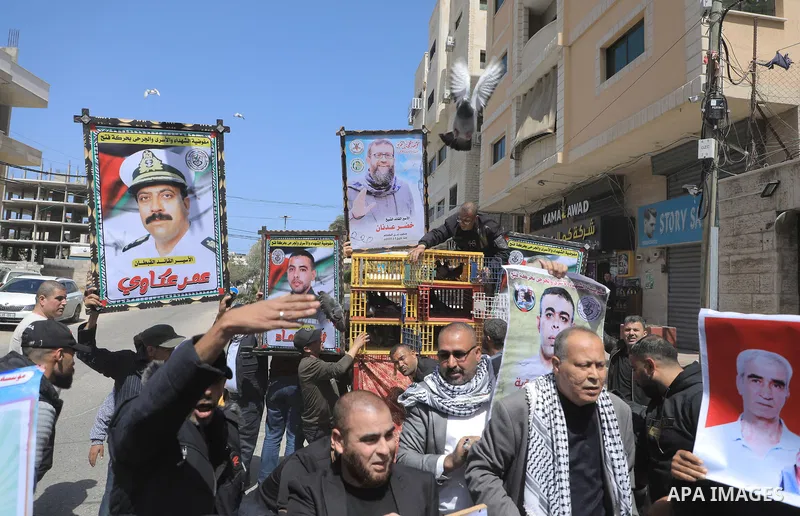 Palestinians take part in a pigeon homing event to solidarity with prisoners in Israeli jails in front of Red Cross Office in Gaza city on April 24, 2023. Photo by Belal Salem\ apaimages