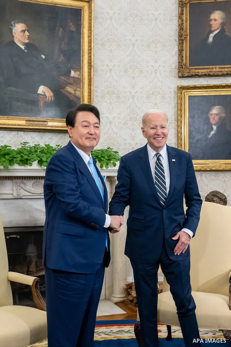 President Joe Biden participates in a bilateral meeting with President of the Republic of Korea Yoon Suk Yeol, Wednesday, April 26, 2023, in theOval Office of the White House.(Official White House Photo by Cameron Smith/...