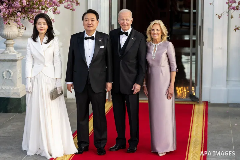 President Joe Biden and First Lady Jill Biden greet President Yoon Suk Yeol of the Republic of Korea and First Lady Mrs. Kim Keon Hee on the North Portico of the White House, Wednesday, April 26, 2023, prior to a State D...