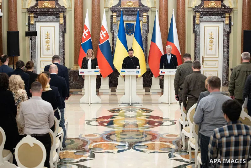 President of the Czech Republic Petr Pavel (R), President of Slovakia Zuzana Caputova (L) and President of Ukraine Volodymyr Zelensky (C) take part at a joint press-conference following their meeting in Kyiv, Ukraine 28...