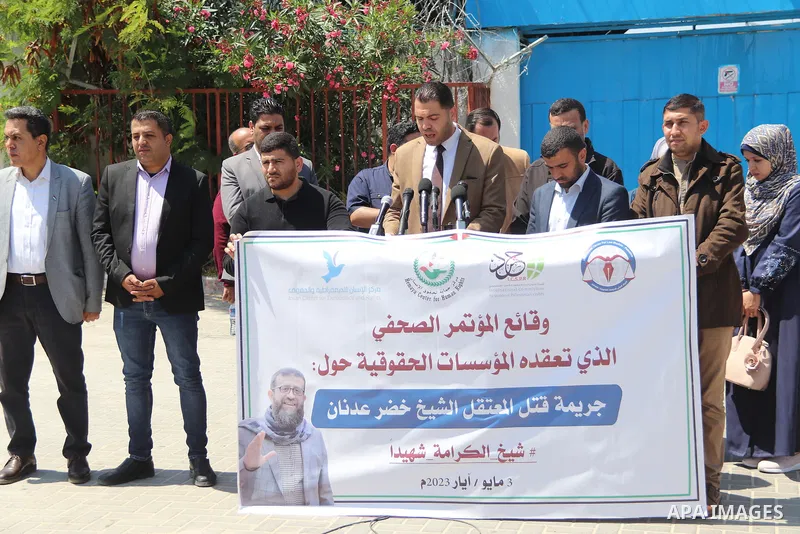 Palestinians take part in the press conference about the death of a hunger striker Khader Adnan who was in Israeli Jails in front of the UNSCO building in Gaza City on May 3, 2023. Photo by Omar Al-Dirawi\ apaimages