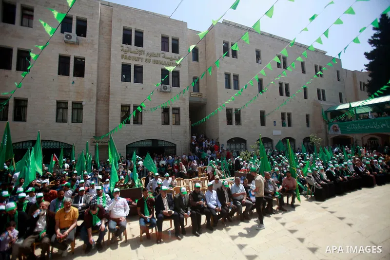Hamas movement supporters take part in a festival in support of the Palestinians in Gaza City during the conflict with Israel, at An-Najah University, in the West Bank city of Nablus on May 11, 2023. Israel and Gaza mili...