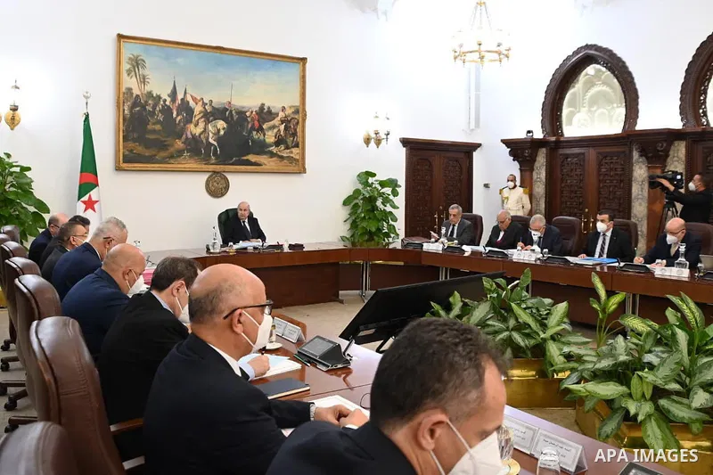 Algerian President Abdelmadjid Tebboune chairs a cabinet meeting in Algeriaon 14 May 2023. Photo by Algerian Presidency Office