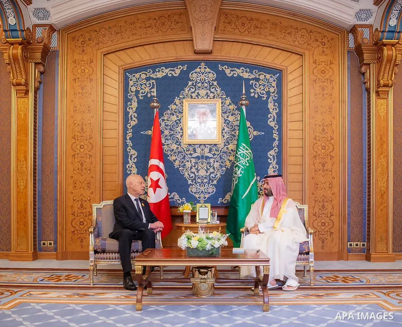 Saudi Crown Prince Mohammed bin Salman meets Tunisian President Kais Saied on the sideline of the 32nd Arab Summit, in Jeddah, Saudi Arabia on May 19, 2023. Photo by Saudi Press Agency/APAimages