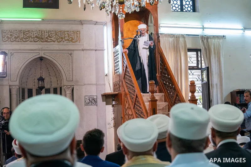 Syrian President Bashar al-Assad attends the prayer of Eid al-Adha or feast of the sacrifice at the Al-Afram Mosque in Damascus, in Syria on June 28, 2023. Photo by Syrian Presidency\ apaimages
