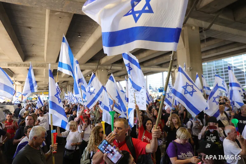 July 3, 2023, Tel Aviv, Israel: Tel Aviv (Israel), 03/07/2023.- Anti-government protesters take part in a rally against the Israeli government's justice system reform plans at Ben Gurion international airport outside Tel...