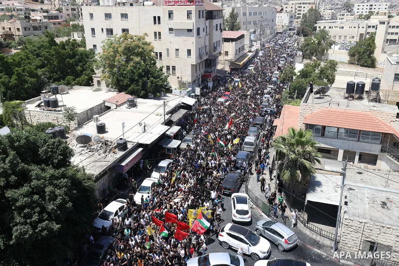 July 5, 2023, JENIN: Jenin (-), 05/07/2023.- Hundreds of Palestinian mourners join the procession during the funeral of 13 Palestinians killed in the Israeli army raid in the West Bank city of Jenin, 05 July 2023. The Is...