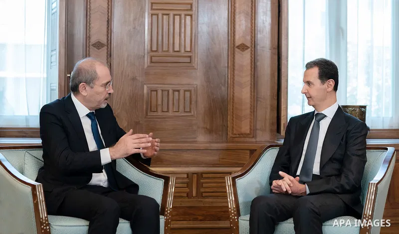 Syrian President Bashar al-Assad receives Jordanian Foreign Minister Ayman Safadi in Damascus, on July 3, 2023. Photo by Syrian Presidency\ apaimages