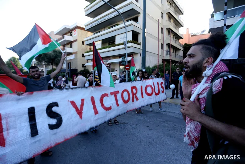 July 6, 2023, Athens, Greece: People gather to protest against Israel's airstrikes and raids on Jenin at Israel Embassy in Athens. (Credit Image: Aristidis Vafeiadakis/ZUMA Press Wire/APAimages)