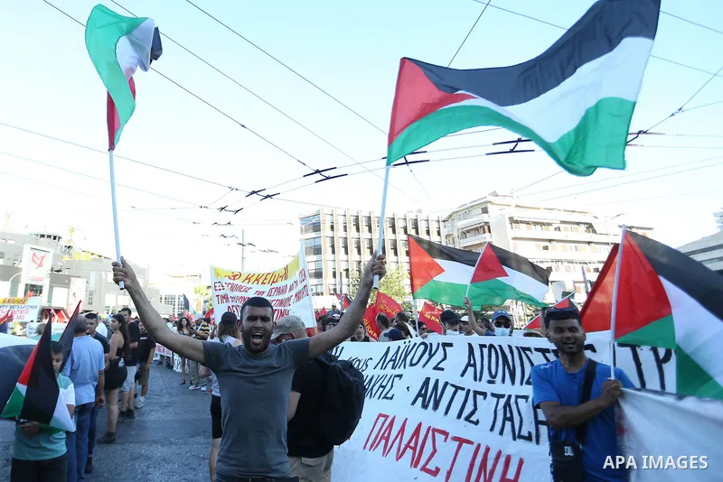 July 6, 2023, Athens, Greece: People gather to protest against Israel's airstrikes and raids on Jenin at Israel Embassy in Athens. (Credit Image: Aristidis Vafeiadakis/ZUMA Press Wire/APAimages)