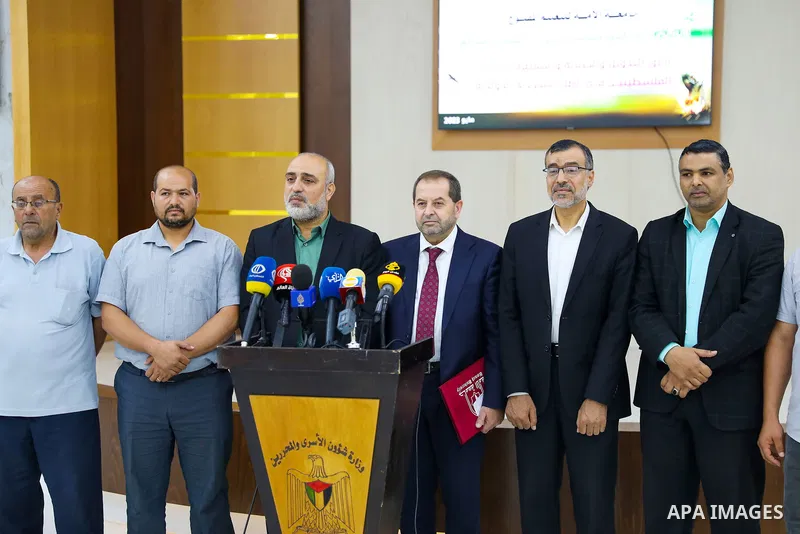Palestinians participate in the press conference about the prisoners in Israeli Jails in Gaza City on July 9, 2023. Photo by APA \ apaimages