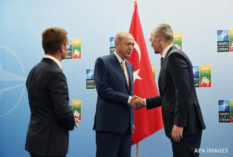 Turkish President Recep Tayyip Erdogan holds a trilateral meeting with Swedish Prime Minister Ulf Christson and NATO Secretary General Jens Stoltenberg on the sidelines of the Summit of Heads of State and Government of t...